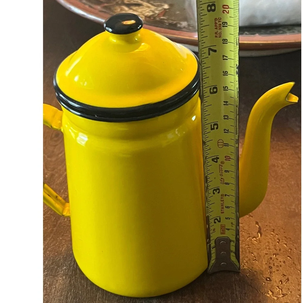 Vtg Yellow and Black Enamel Noda Hora Japan Coffee Teapot Kettle 9